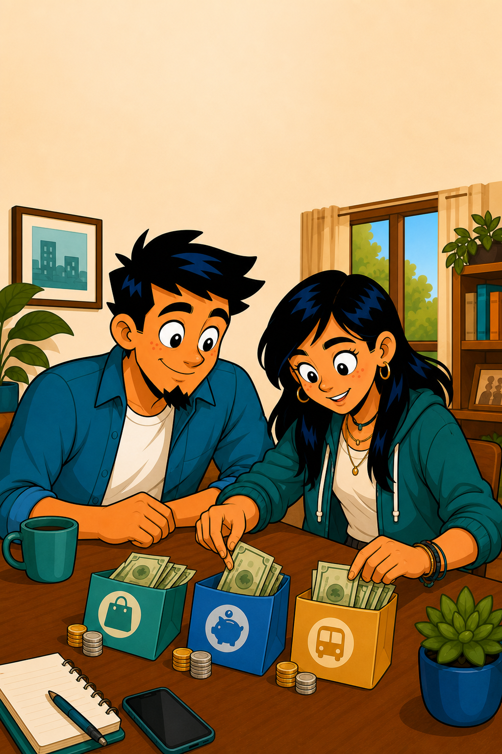 Una madre y un padre organizan decisiones de dinero en una mesa