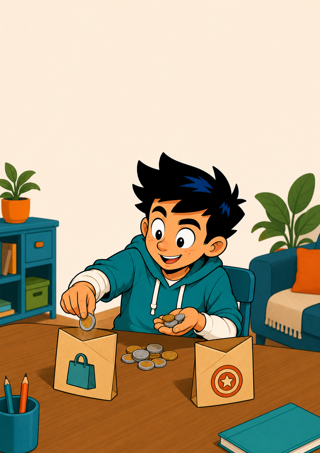 Un niño elige en qué sobre guardar sus monedas