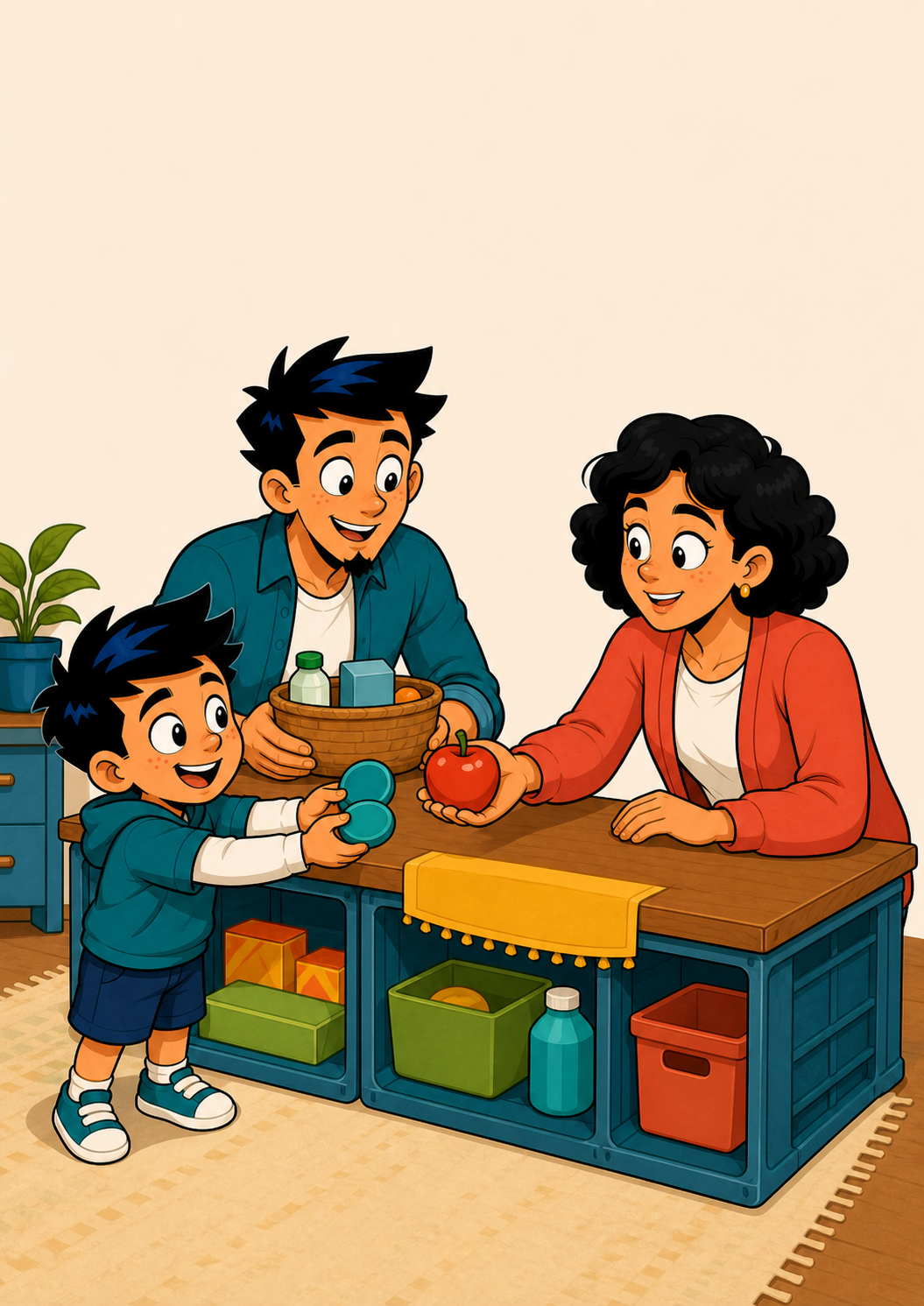 Un niño elige entre un juguete y una manzana junto a sus padres
