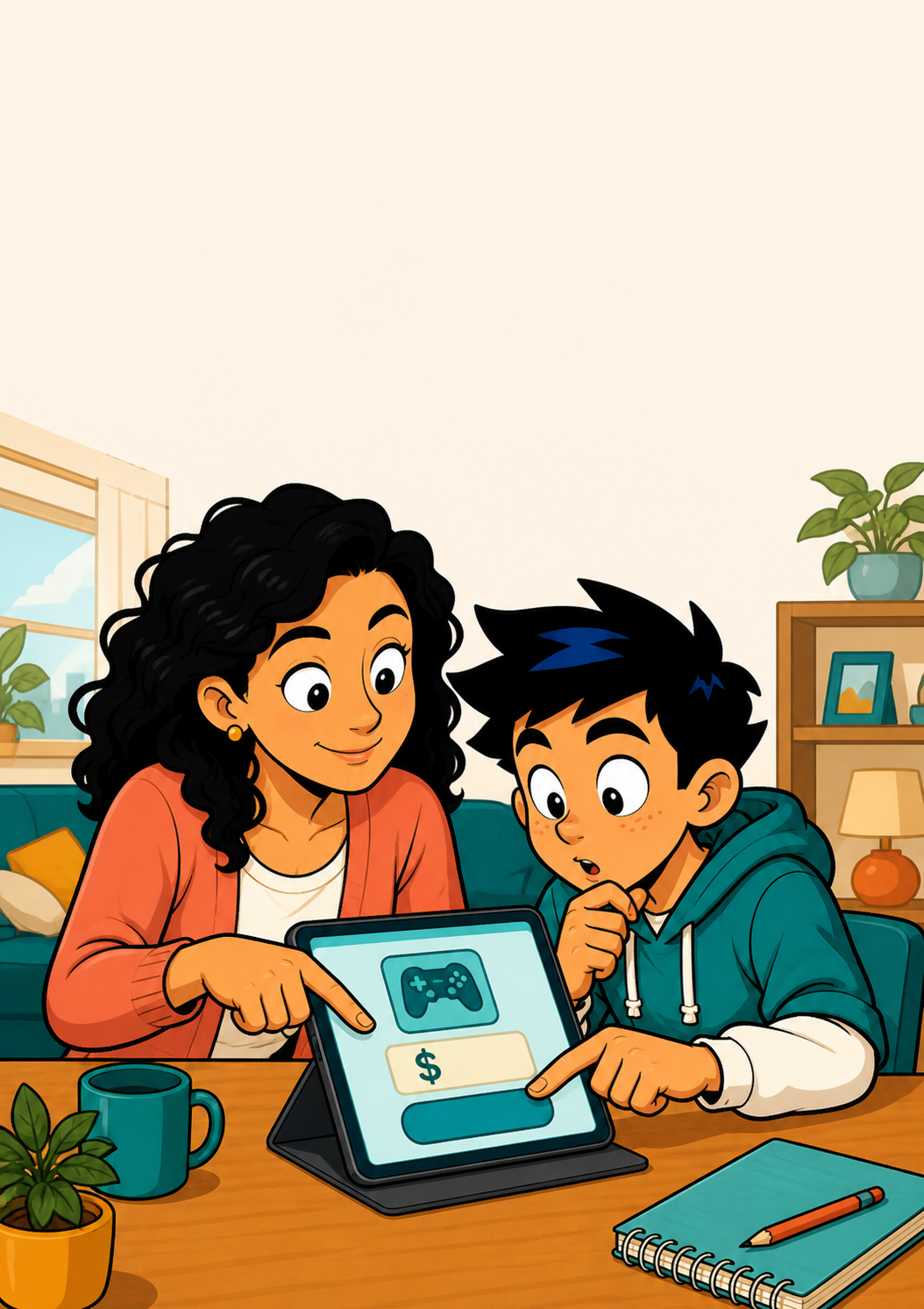 Una familia revisa una decisión de dinero digital